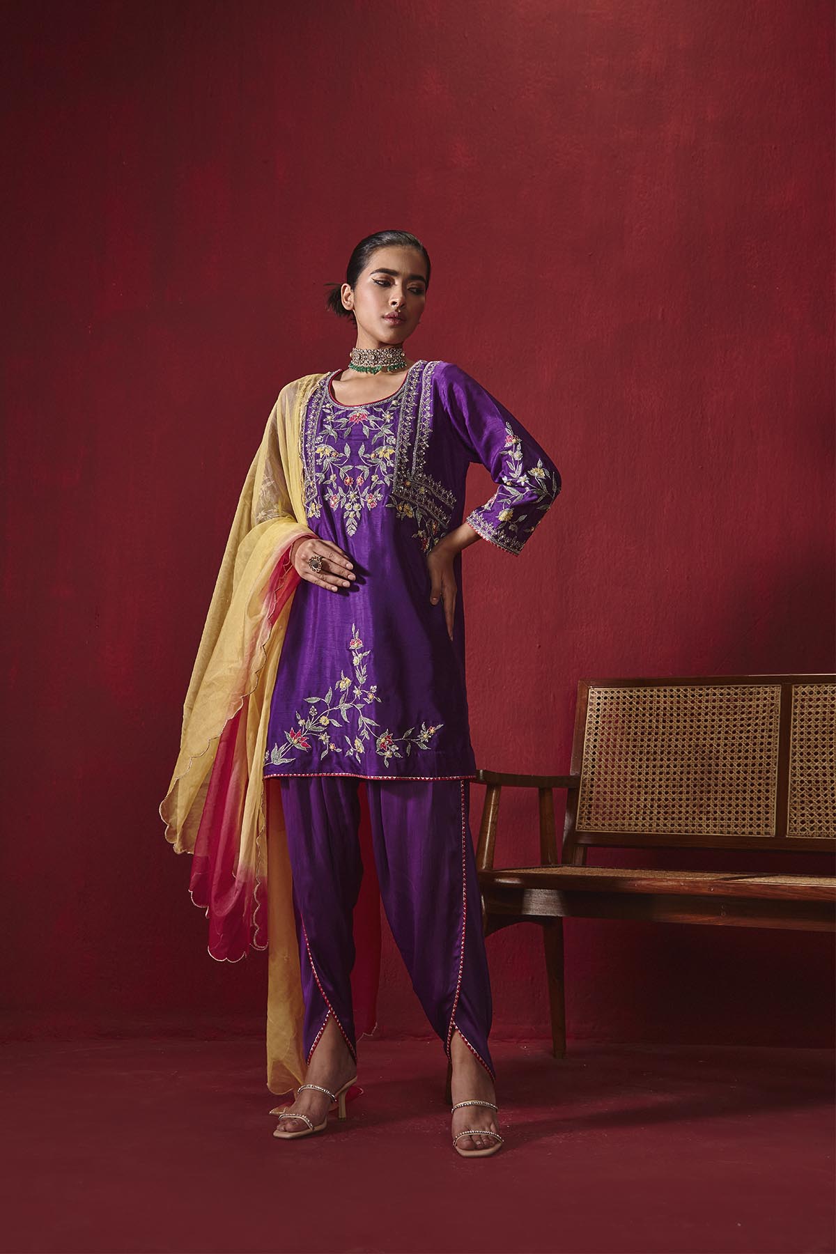 Purple Embroidered Silk Kurta with Dhoti and Ombre Organza Dupatta