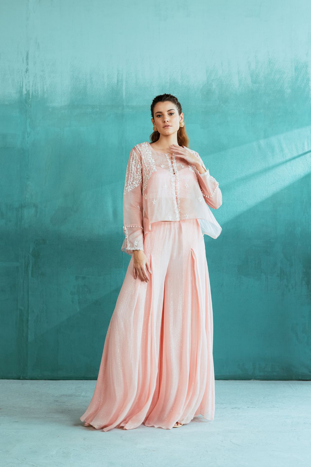 Peach Embroidered Organza Palazzo Set