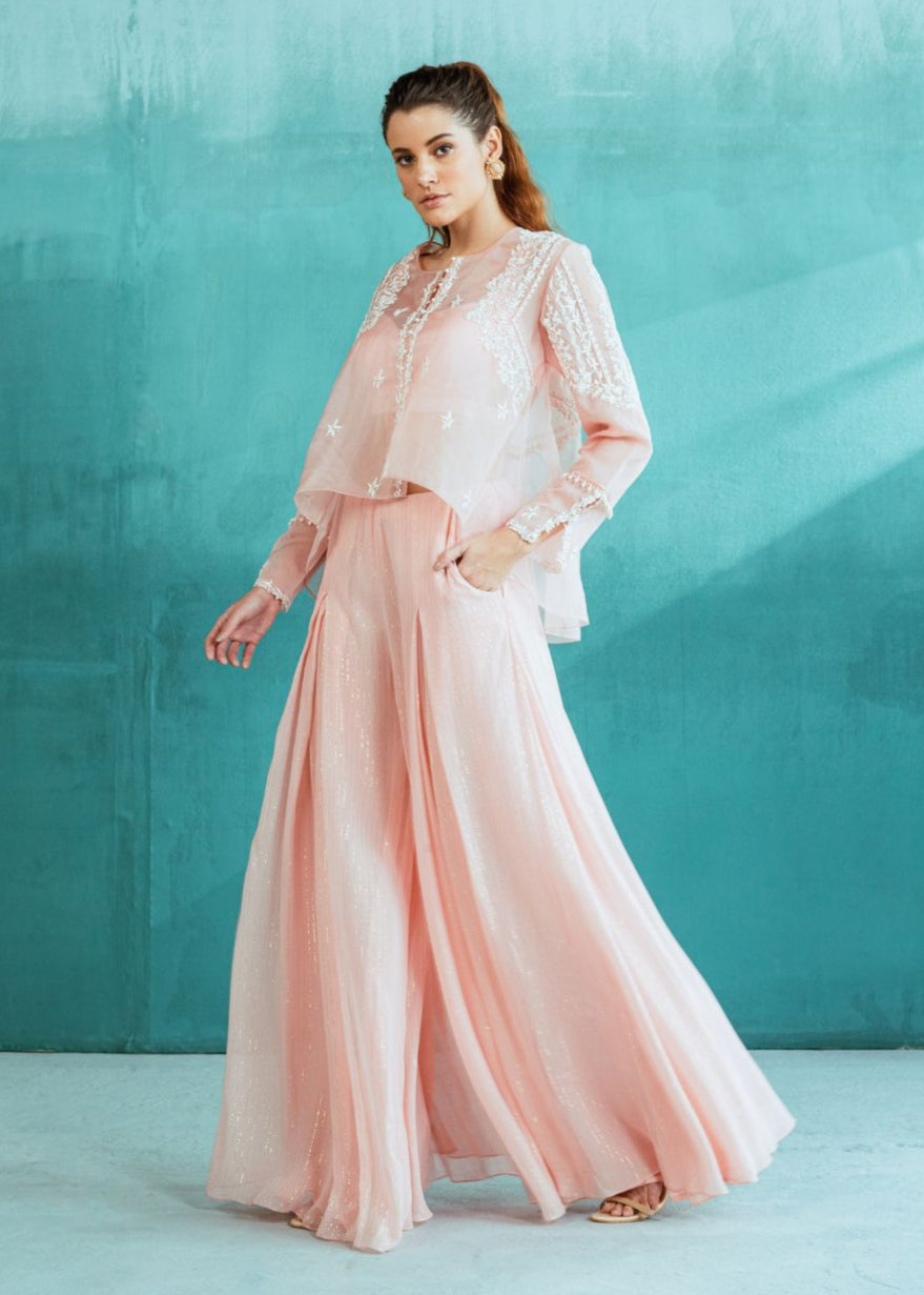 Peach Embroidered Organza Palazzo Set