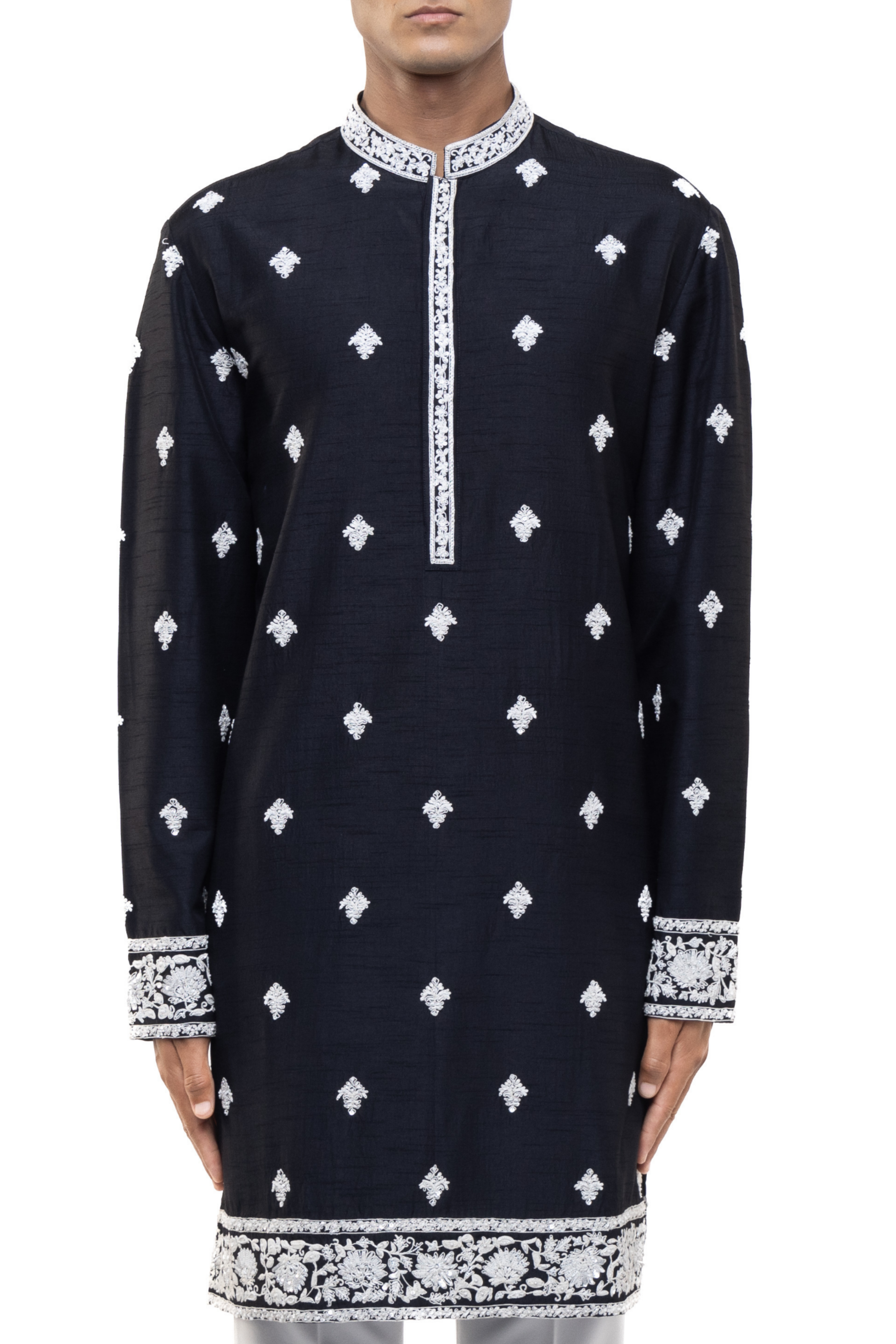 Black & White Silk Dori Embroidery Kurta Set