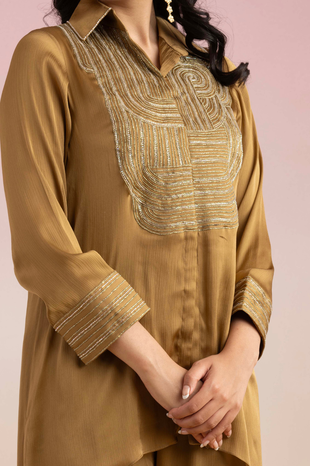 Chamak Honey Gold Chiffon Co-ord Set with Dori Embroidery