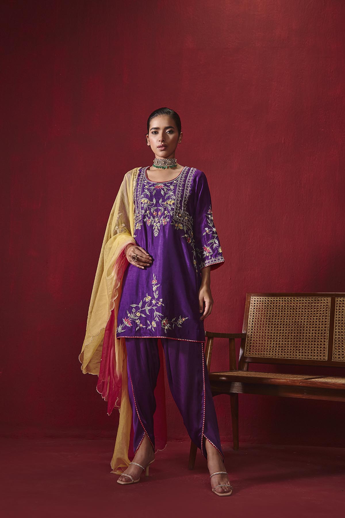 Purple Embroidered Silk Kurta with Dhoti and Ombre Organza Dupatta
