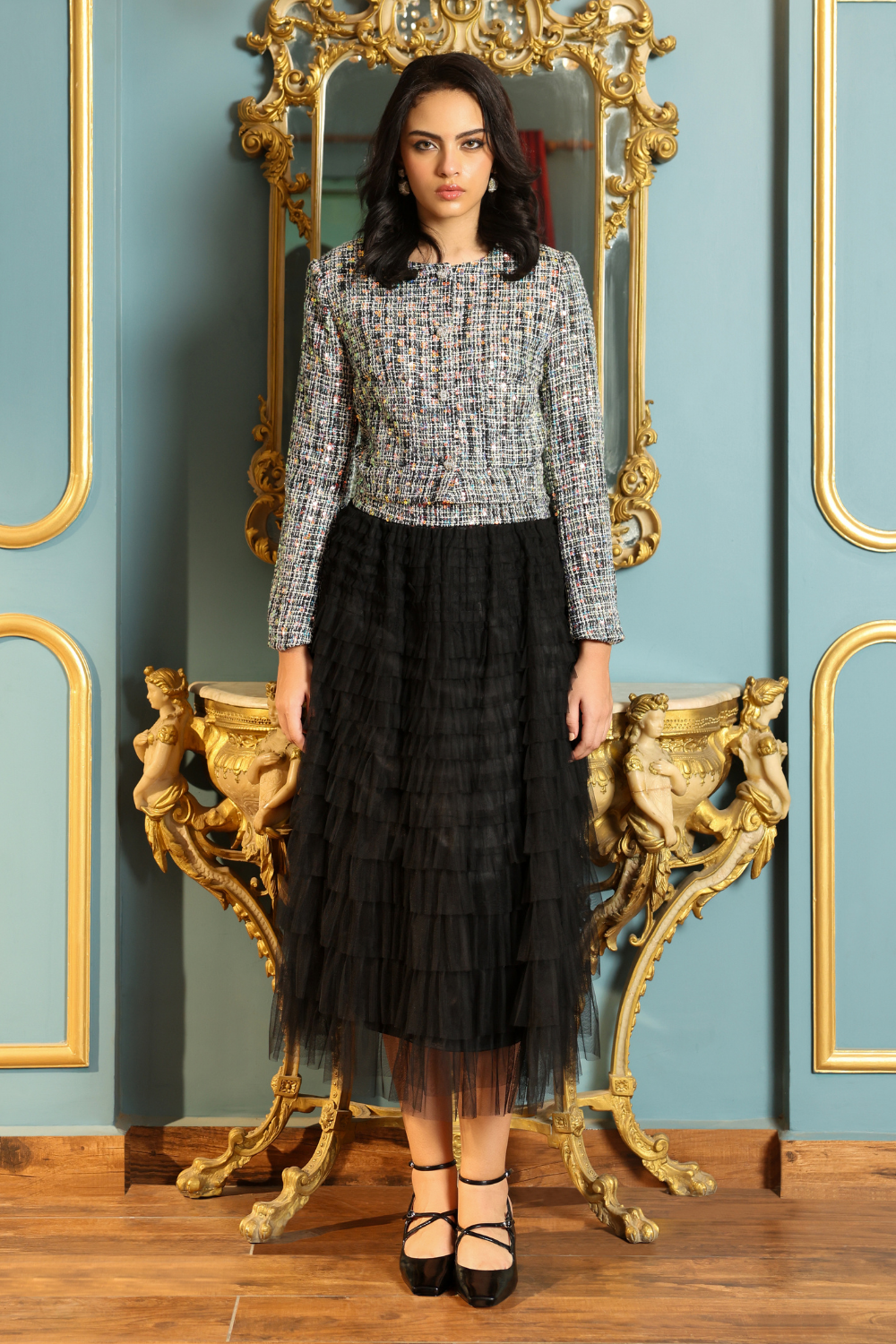 Sequin Embellished Tweed Jacket with Ruffle Net Long Skirt
