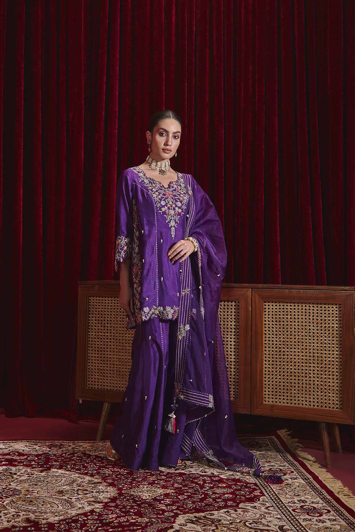 Manu Purple Dupion Silk Embroidered Kurta Set with Organza Dupatta