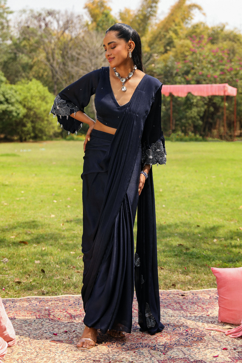 Navy Blue Dilbar Drape Saree with Crystal Droplet Bell Sleeves