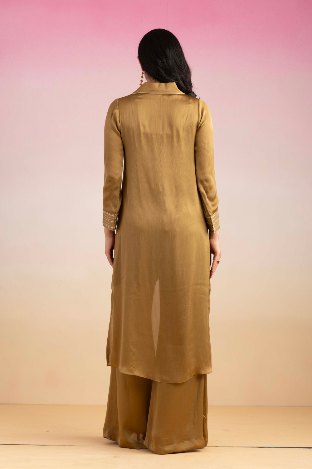 Chamak Honey Gold Chiffon Co-ord Set with Dori Embroidery