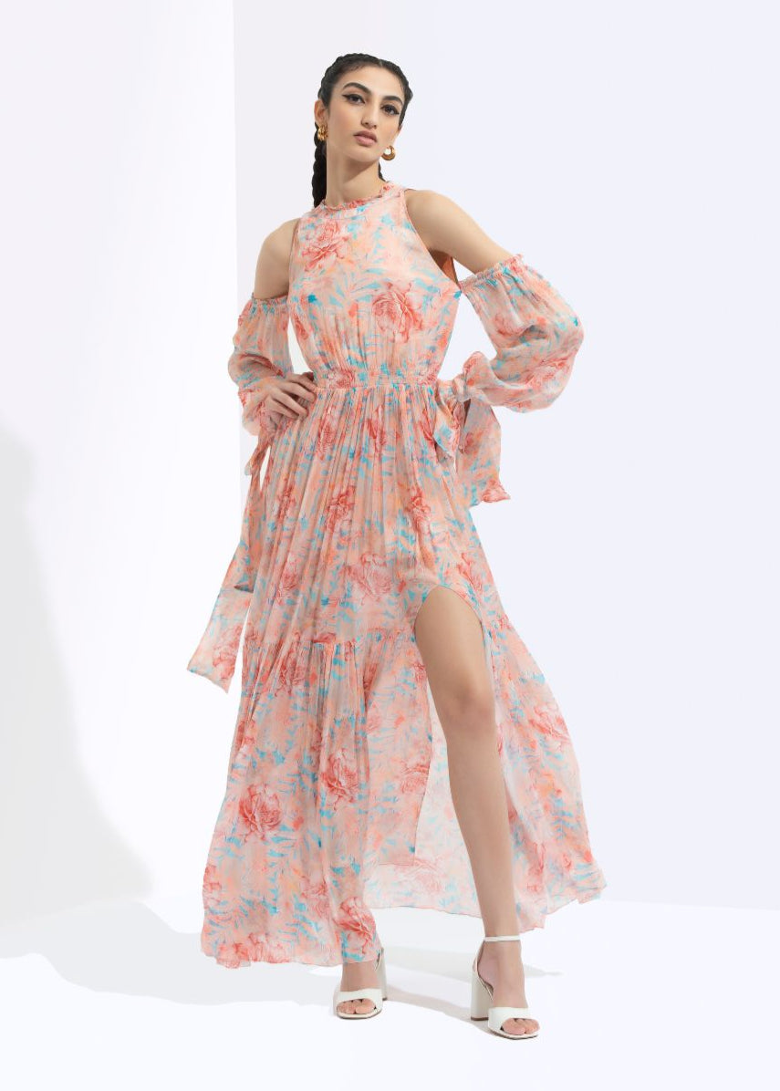 Rabenda Printed Long Dress With Side Slit