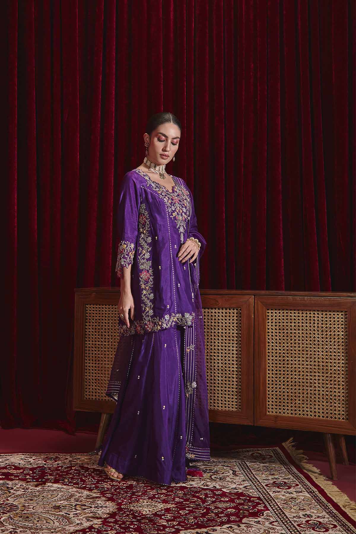 Manu Purple Dupion Silk Embroidered Kurta Set with Organza Dupatta