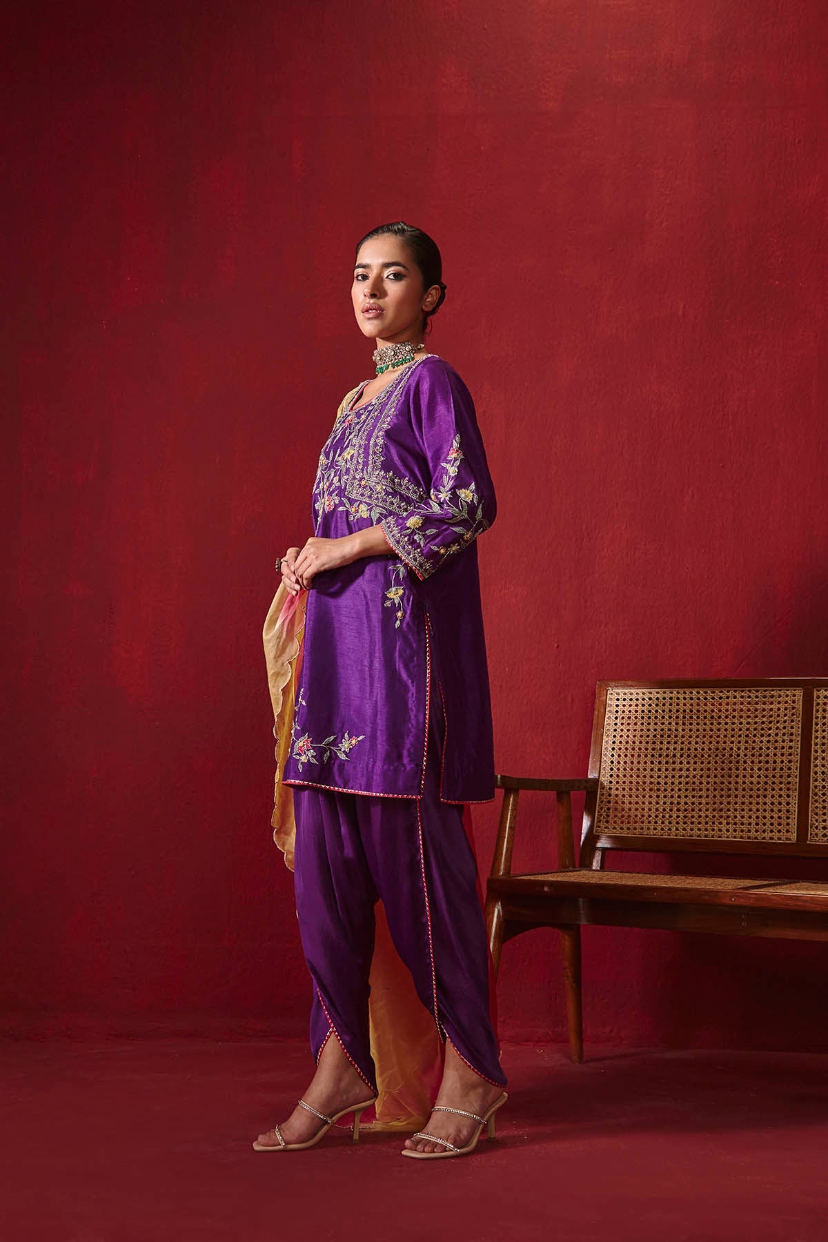 Purple Embroidered Silk Kurta with Dhoti and Ombre Organza Dupatta