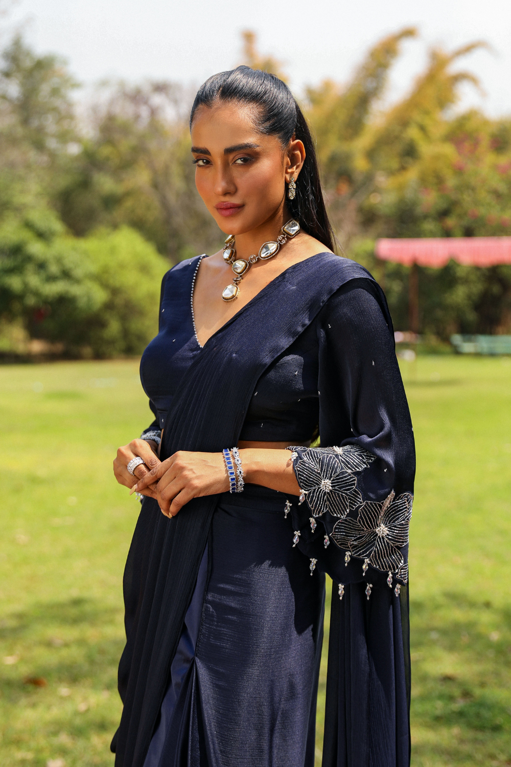 Navy Blue Dilbar Drape Saree with Crystal Droplet Bell Sleeves