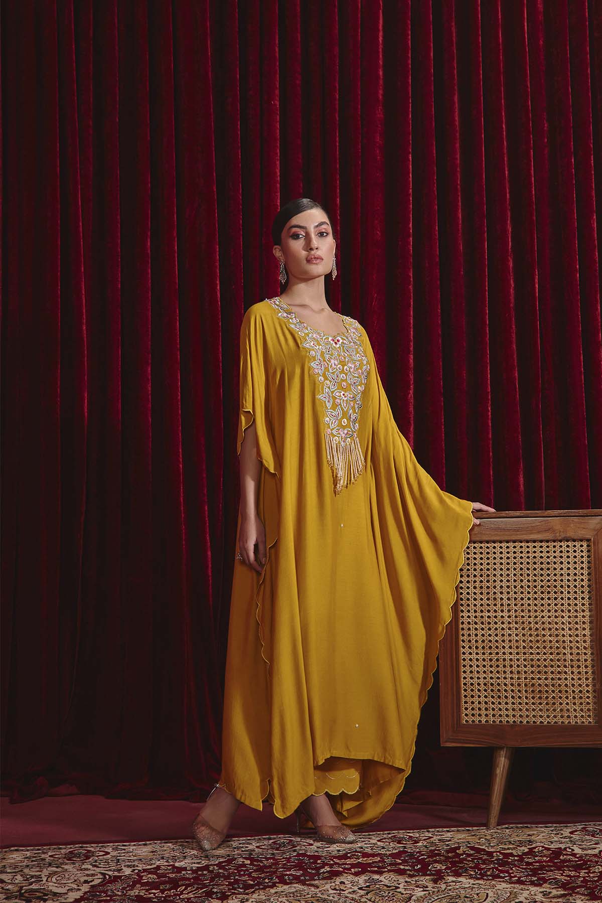 Mustard Cotton Silk Embroidered Kaftan Set with Scallop Palazzo