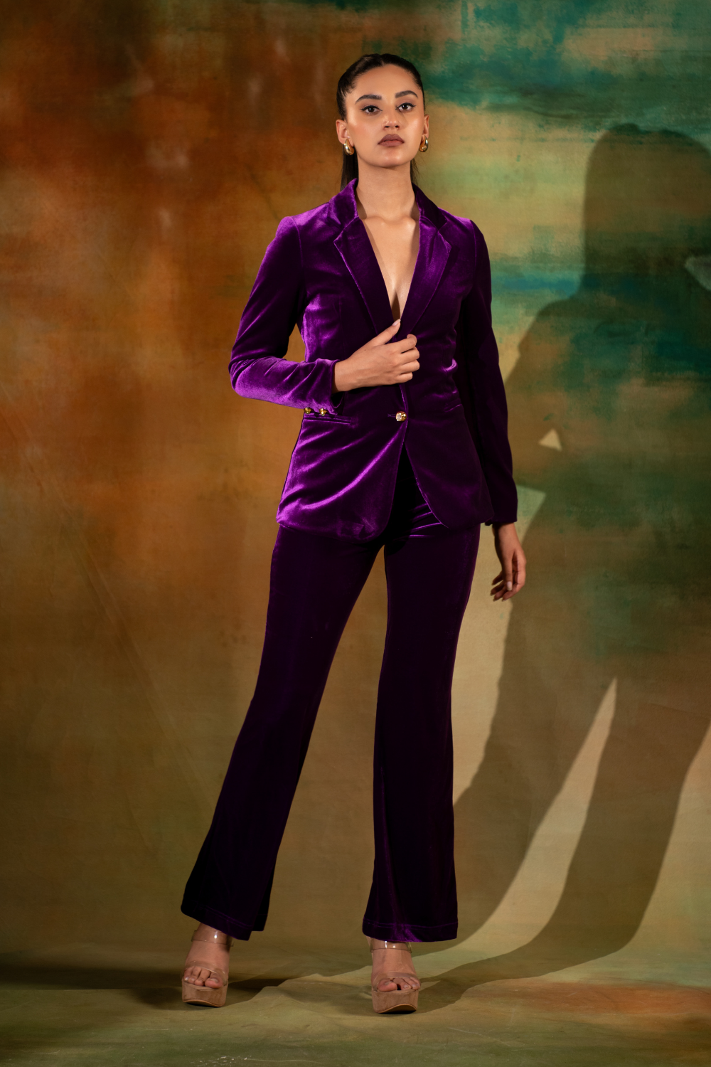 Karishma Mehta Zuri Purple Silk Velvet Power Shoulder Co-ord Set