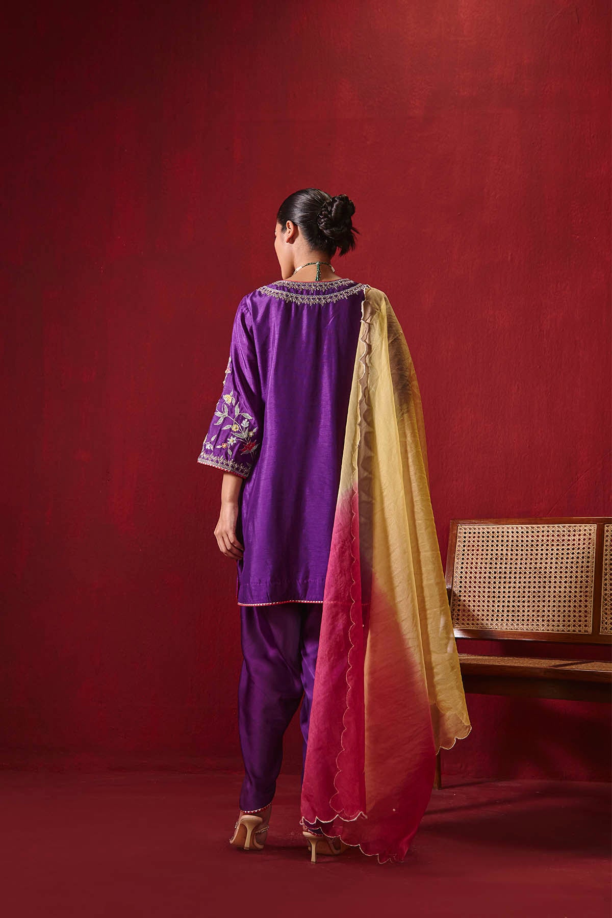 Purple Embroidered Silk Kurta with Dhoti and Ombre Organza Dupatta