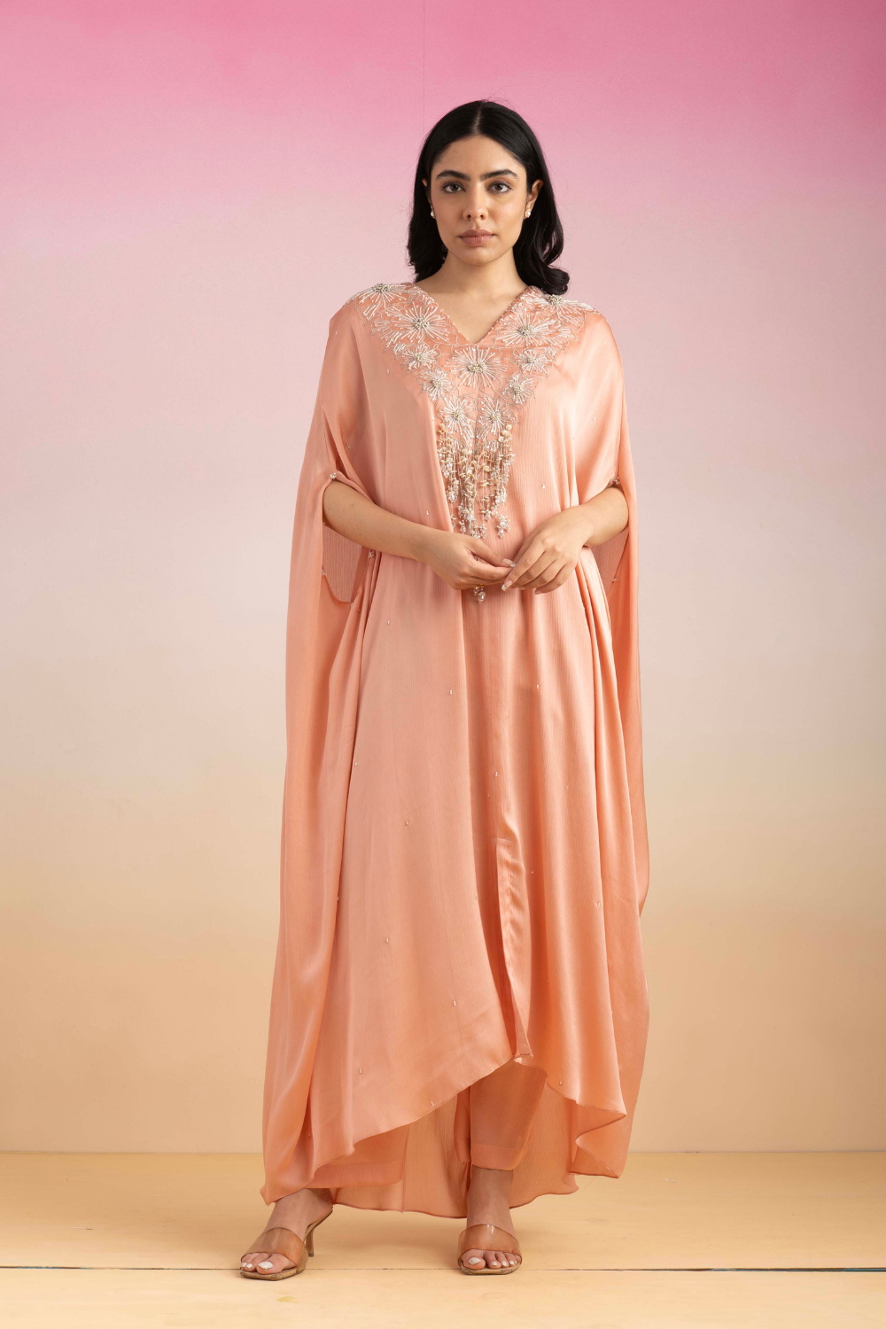 Bulbul Peach Chiffon Kaftan Set with Crystal Strings & Palazzos