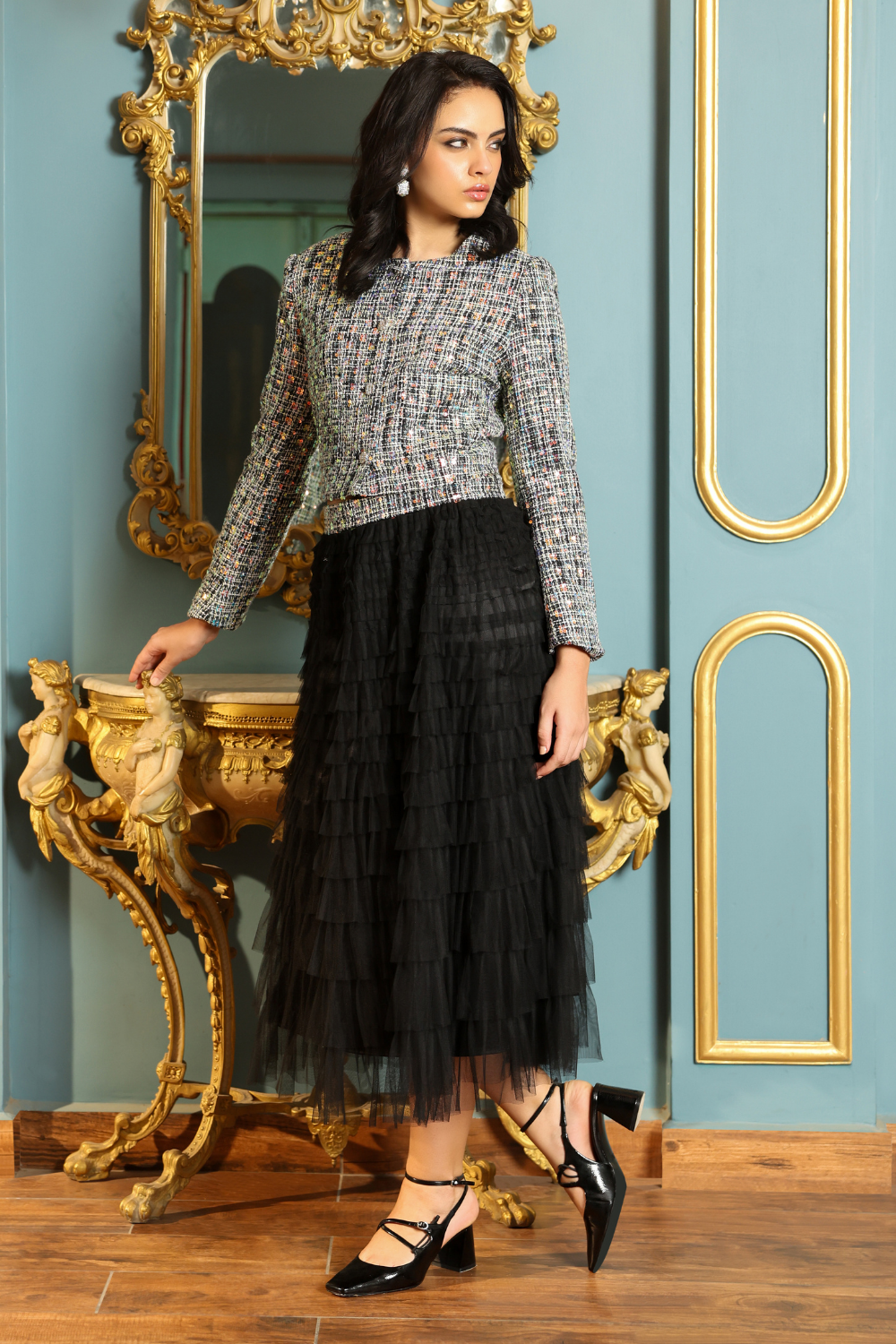 Sequin Embellished Tweed Jacket with Ruffle Net Long Skirt