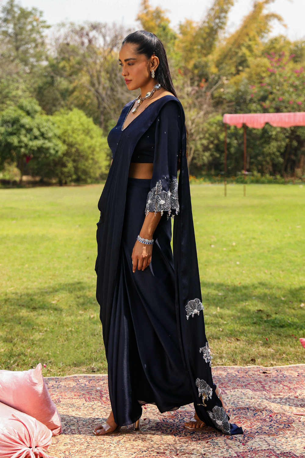 Navy Blue Dilbar Drape Saree with Crystal Droplet Bell Sleeves