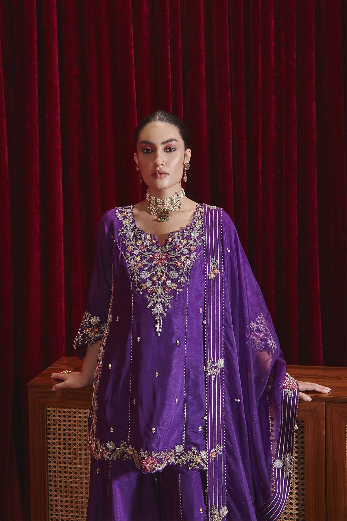 Manu Purple Dupion Silk Embroidered Kurta Set with Organza Dupatta