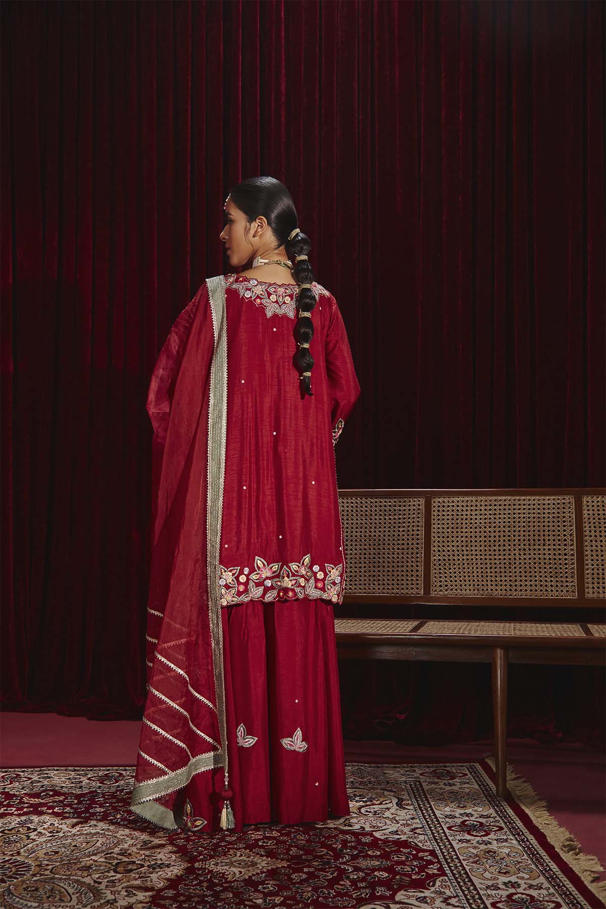Shagun Wine Embroidered Dupion Silk A-Line Kurta and Sharara Set