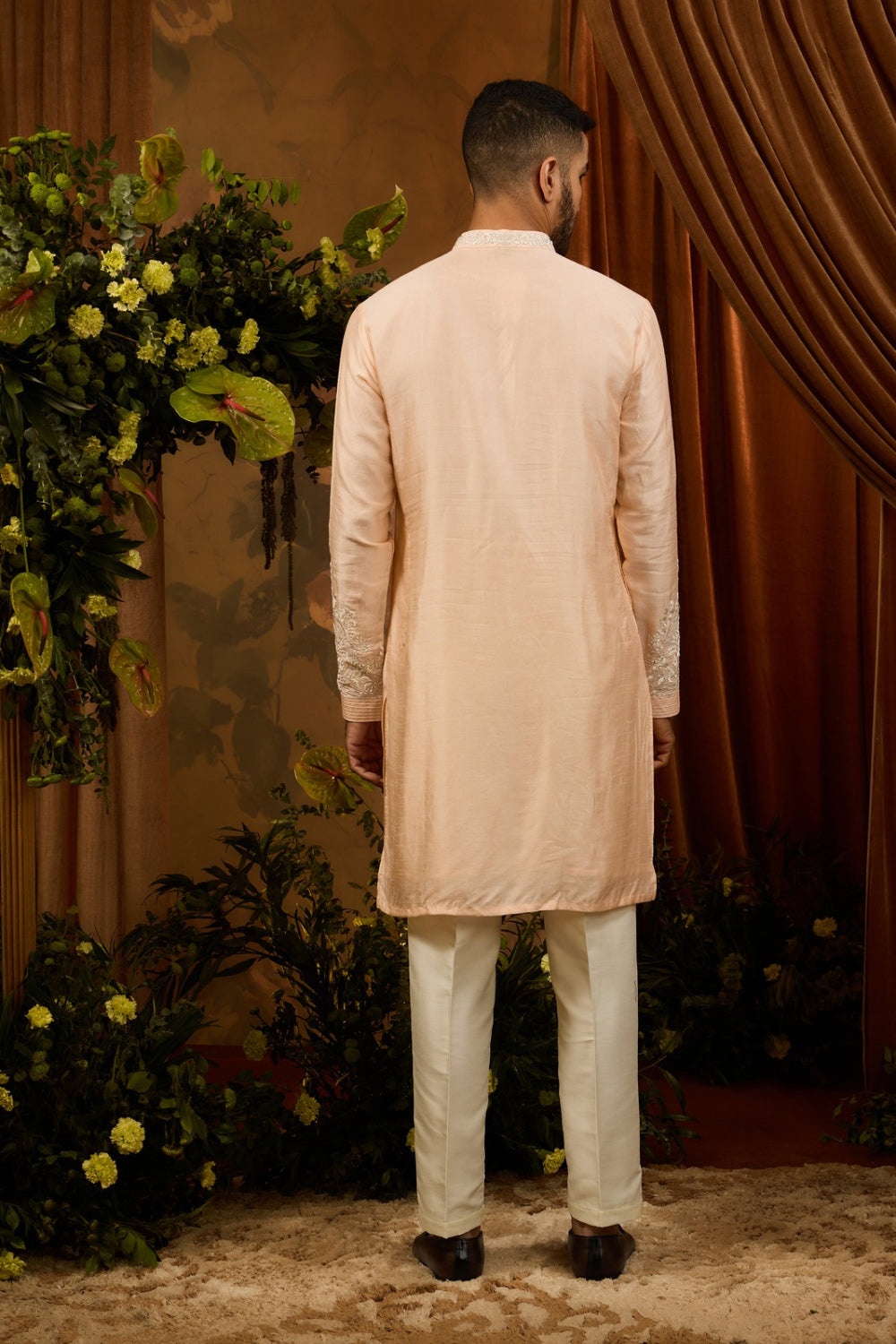 Peach & white silk koti set with  thread embroidery