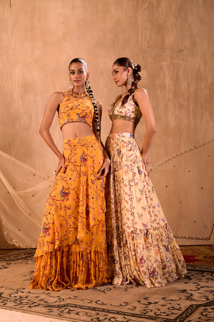 YELLOW PRINT EMBROIDERED HALTER CHOLI AND LAYERED LEHENGA SKIRT SET - image 5