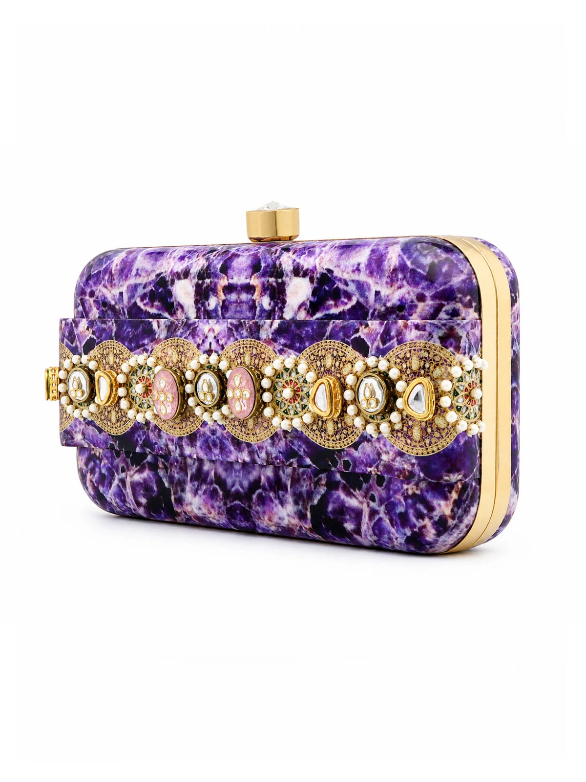 Purple Amethyst Print Slide-In Clutch Bag with Embellished Detail