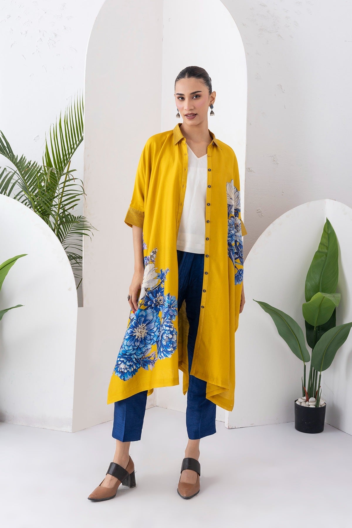 Yellow Silk Chanderi Front Open Kaftan Style Printed Dress Set (3 PCS)