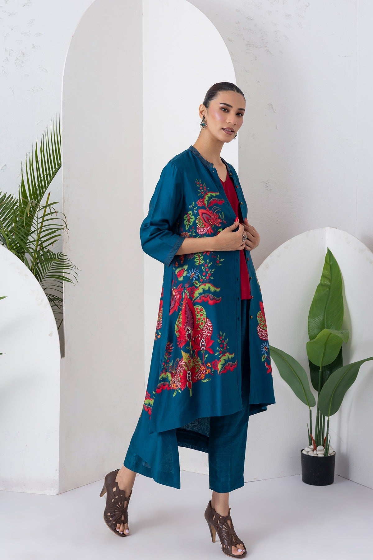 Indigo Silk Chanderi Printed Front Open Floral High-Low Dress Set (3 PCS)