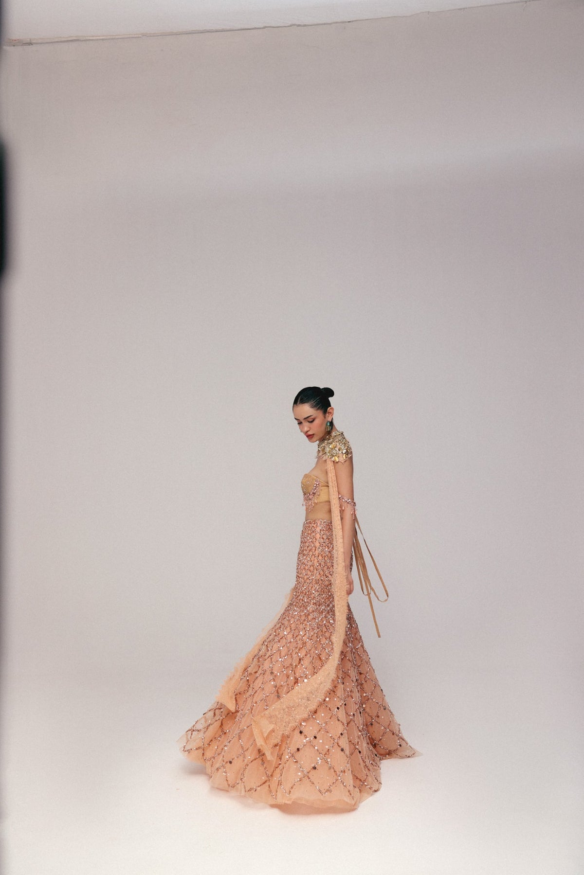 Crystal & Zardosi Embroidery, Tulle & French Lace with Silk, Three Piece Set, Blouse and Flared Skirt Silhouette