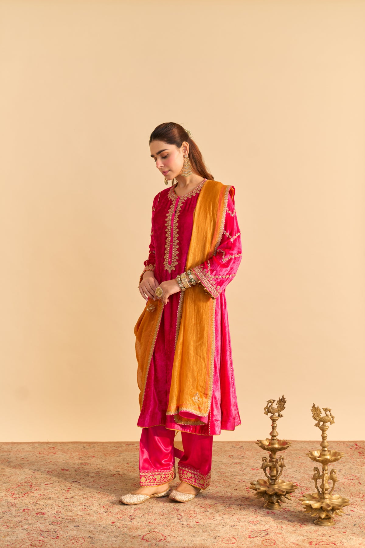 Hot Pink Velvet Chauga Salwar Suit with Tissue Silk Dupatta