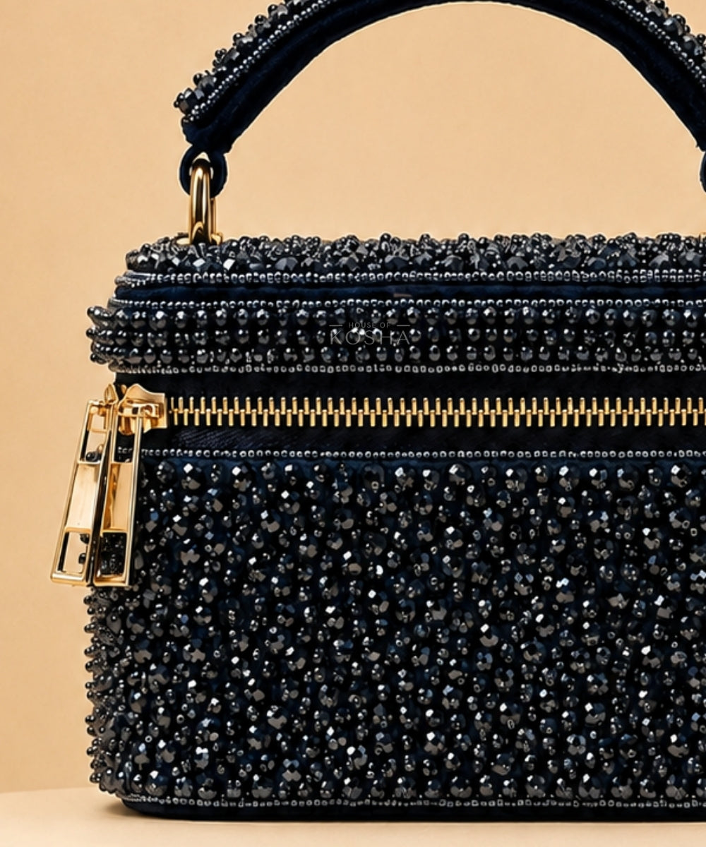 Ziya Navy Blue Suede Embroidered Vanity Bag