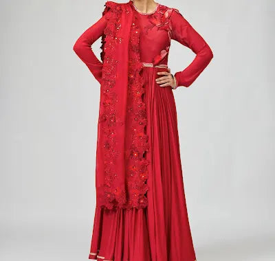 Red Opara Silk Anarkali Set with 3D Leaf Embroidery