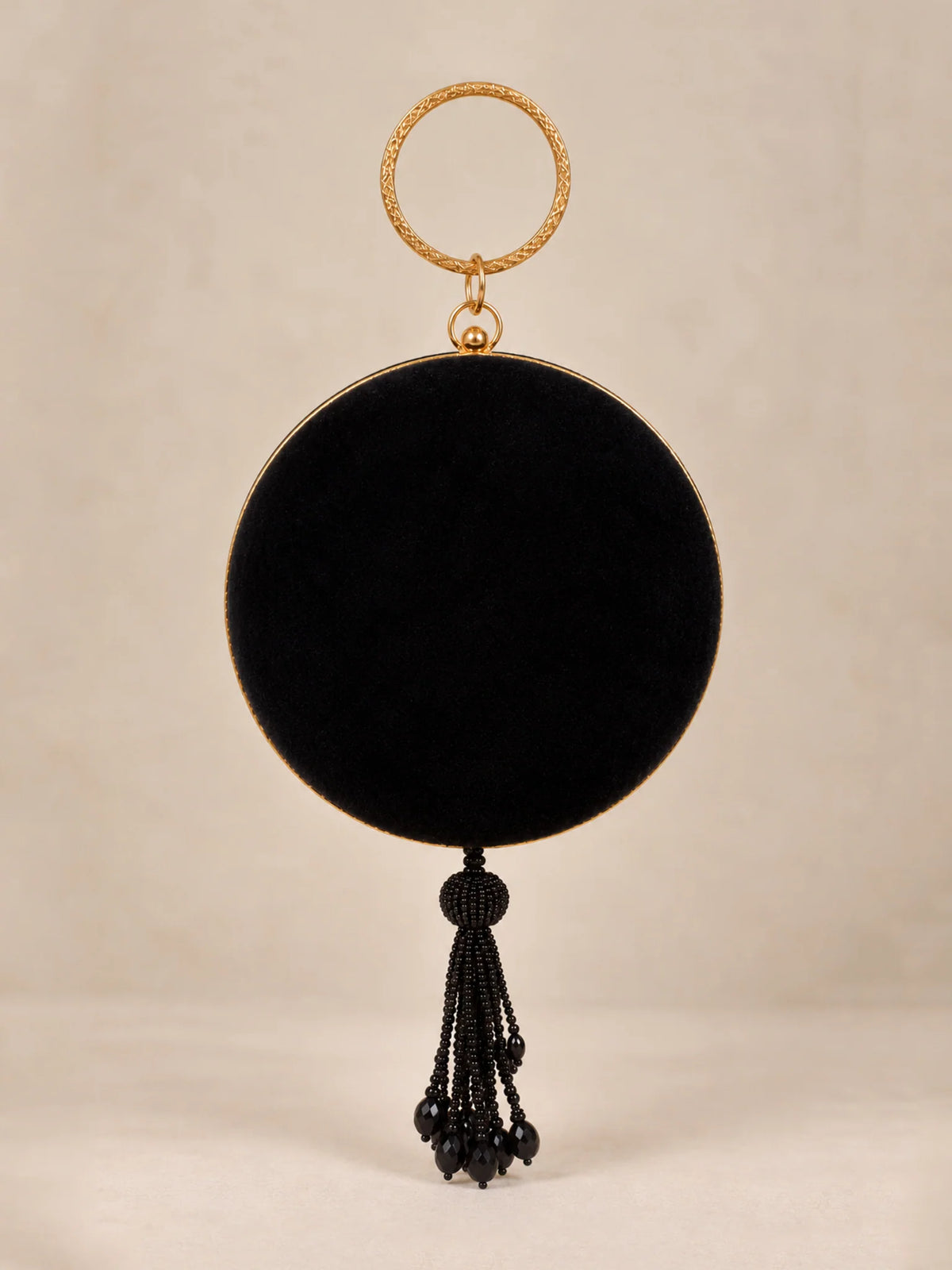 Black Velvet Tree of life Zardozi Embroidered Round Clutch Bag with Beaded Tassel