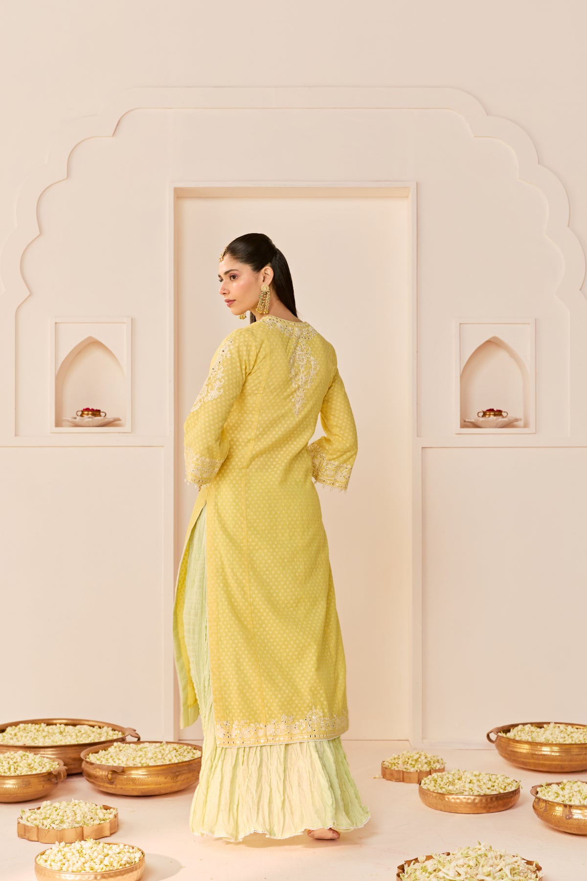 Lemon Yellow Silk Chanderi Kurta Skirt Set for Festive Wear