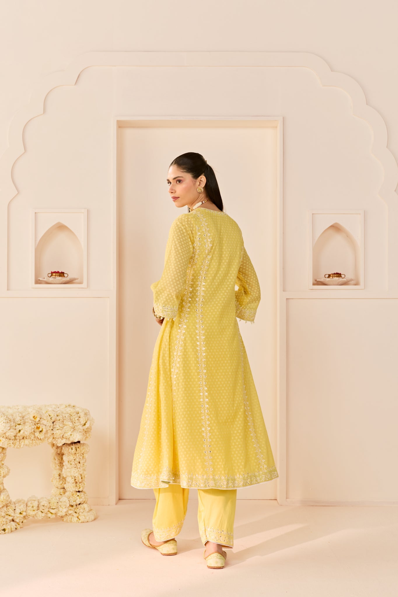FIRDAUS -LEMON YELLOW LONG KALIDAAR CHAUGA WITH DOGRI SALWAR AND DUPATTA