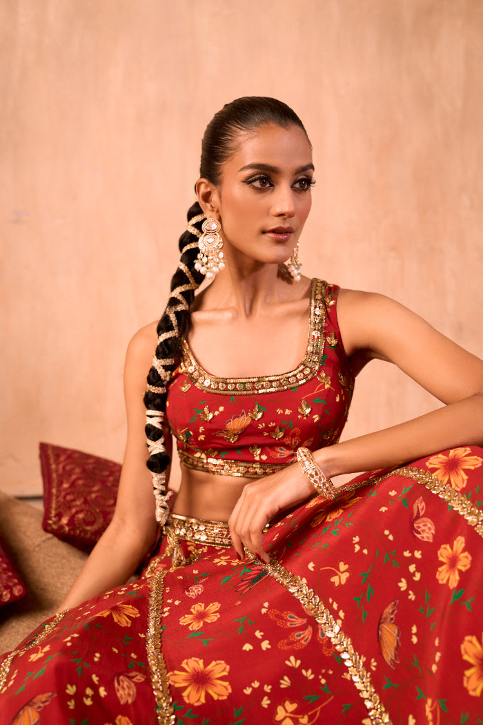 RED PRINT EMBROIDERED CHOLI, LEHENGA AND DUPATTA SET - image 5