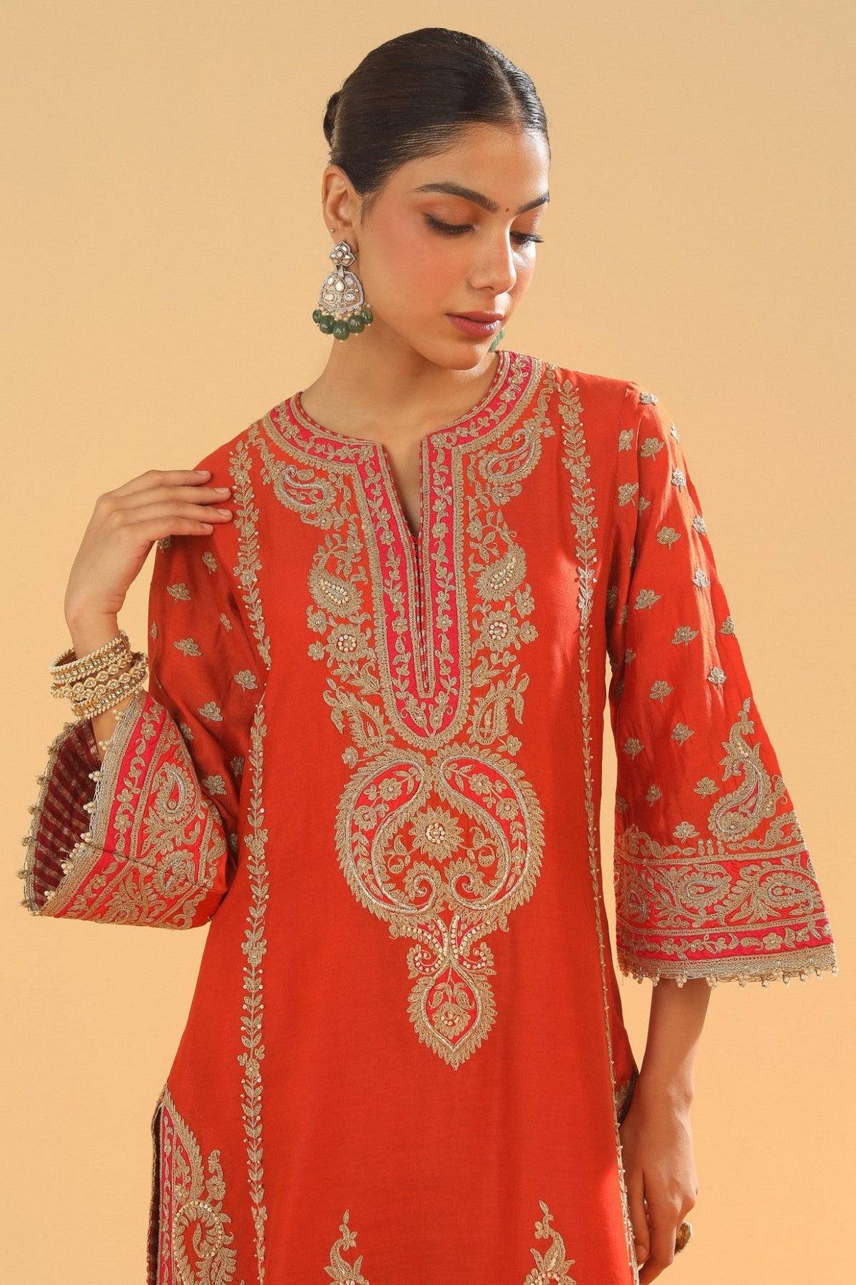 Misam - Burnt Orange Long A-line Kurta with Palazzo and Dupatta