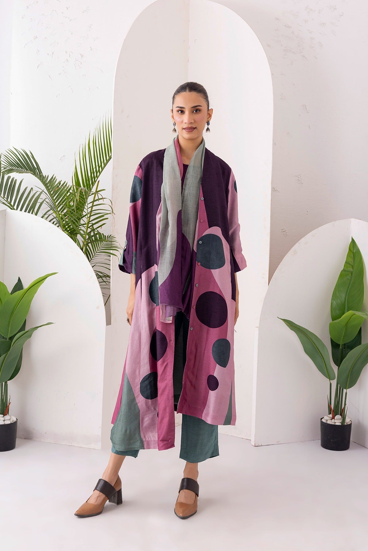 Salmon Pink & Wine Viscose Dupion Printed Dress Set (3 PCS)