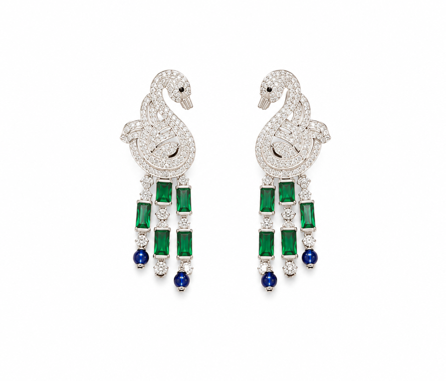 Emerald Sapphire Swan Diamond Statement Necklace Set