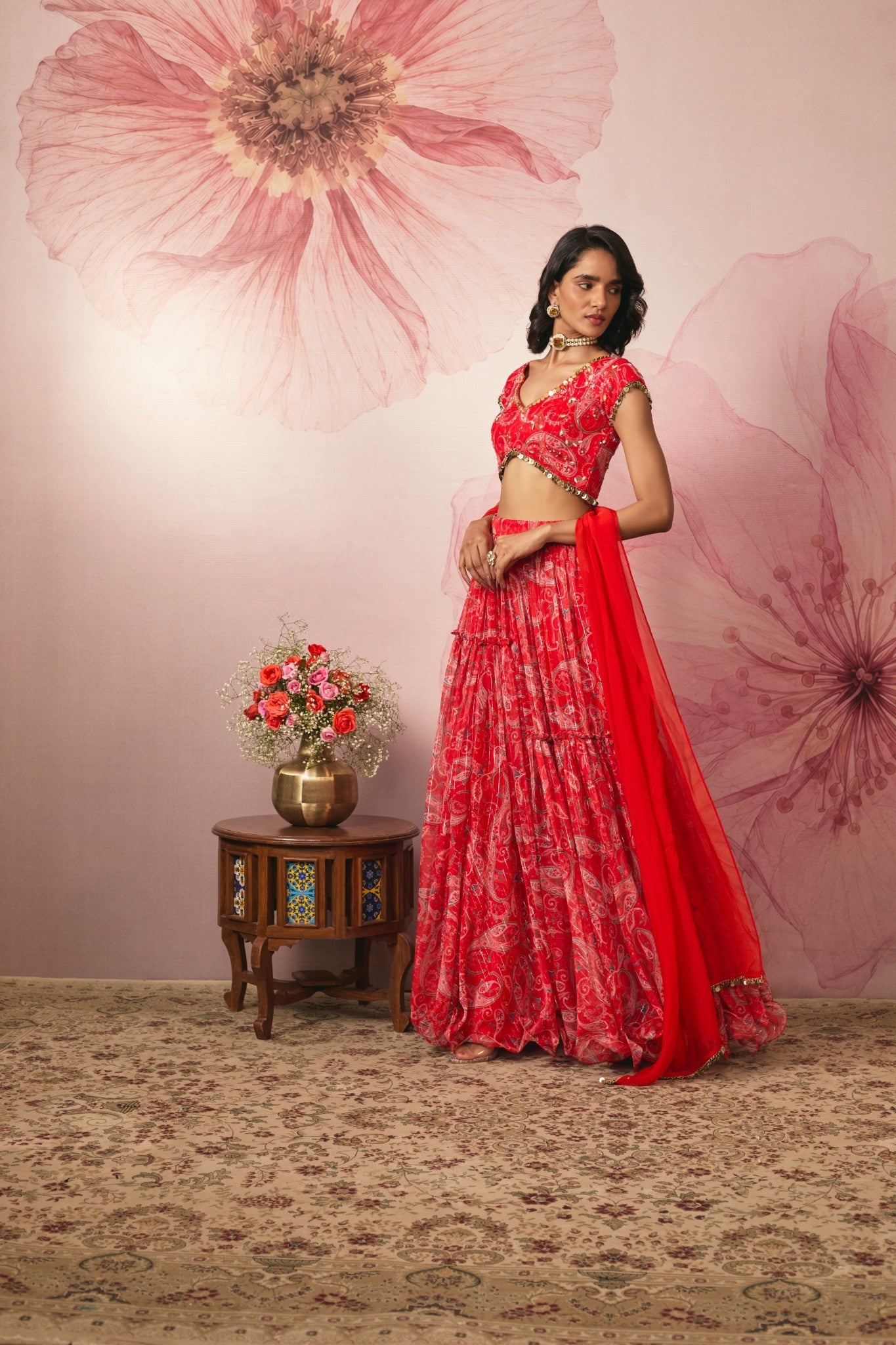 RED PAISLEY PRINTED LEHENGA SET