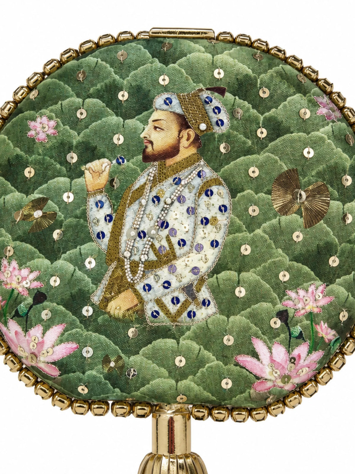 Green Lotus Print Round Clutch Bag with Shehzada Portrait & Tassel