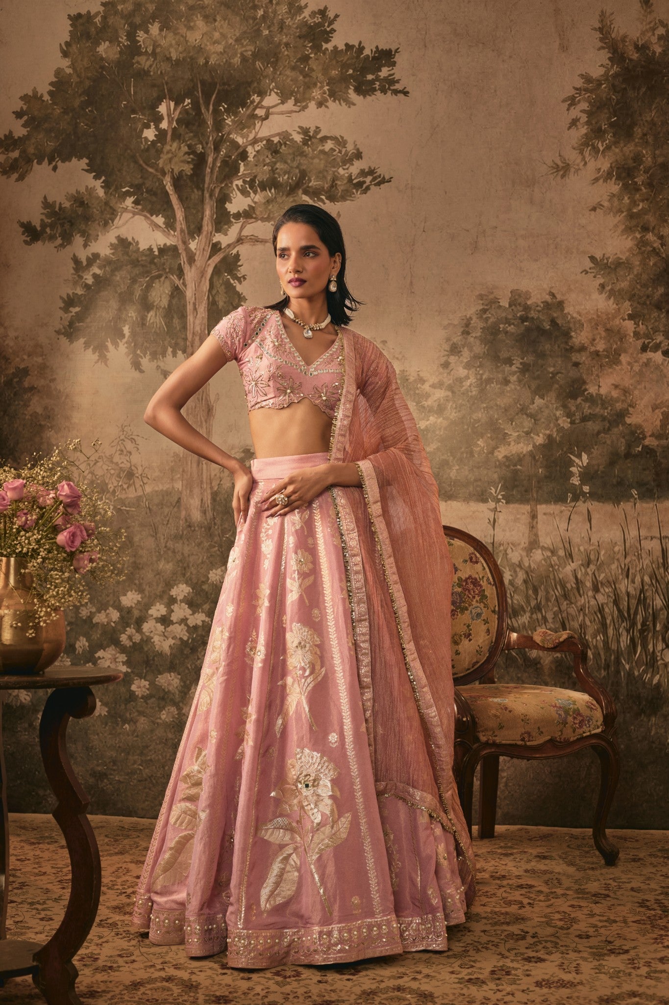 Blush Pink Banarasi Embroidered Lehenga Set