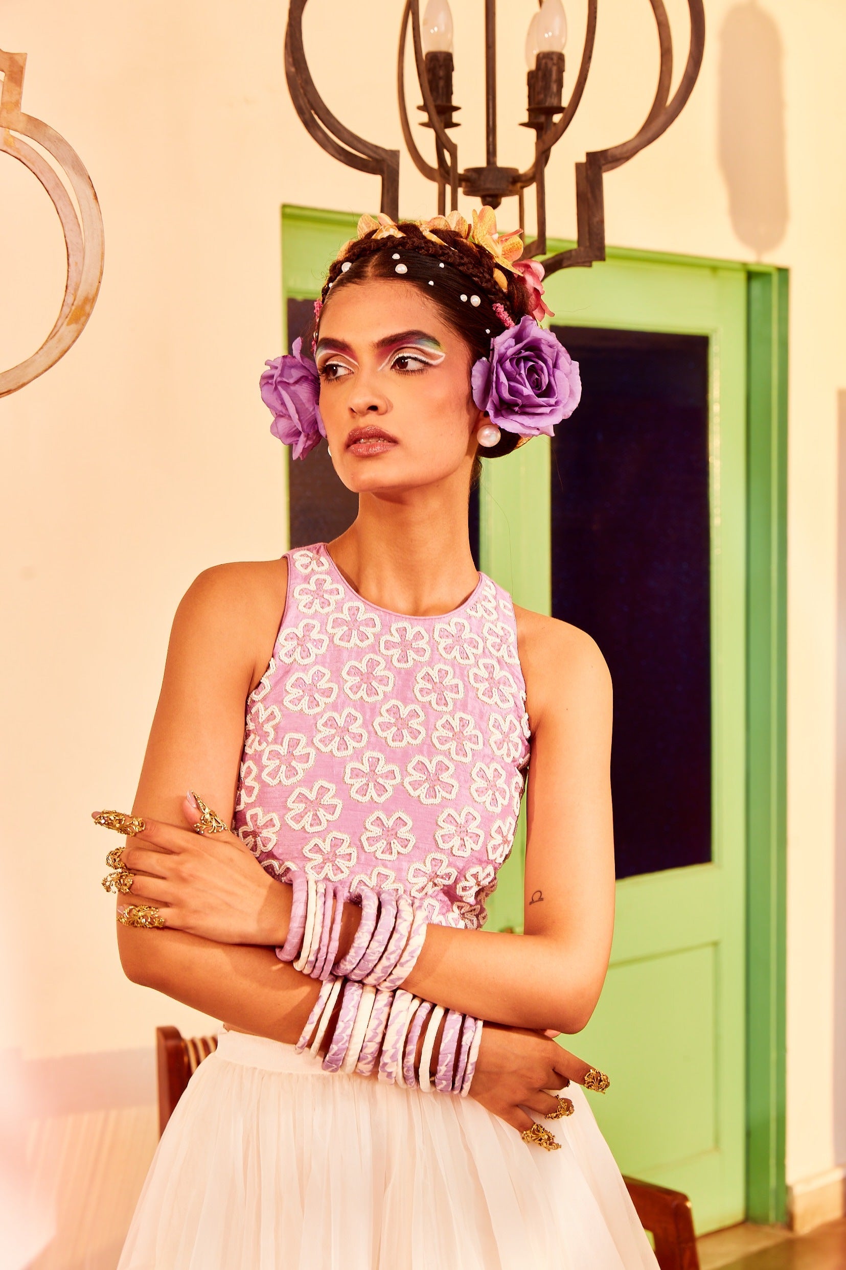 Lilac Crop Top With Ivory Lehenga.