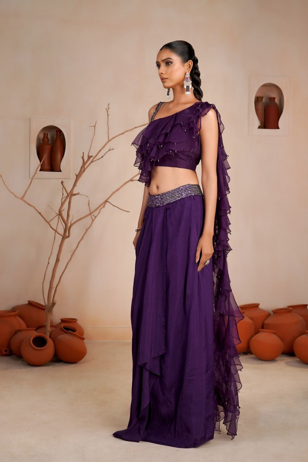 Deep purple soft silk Indo western