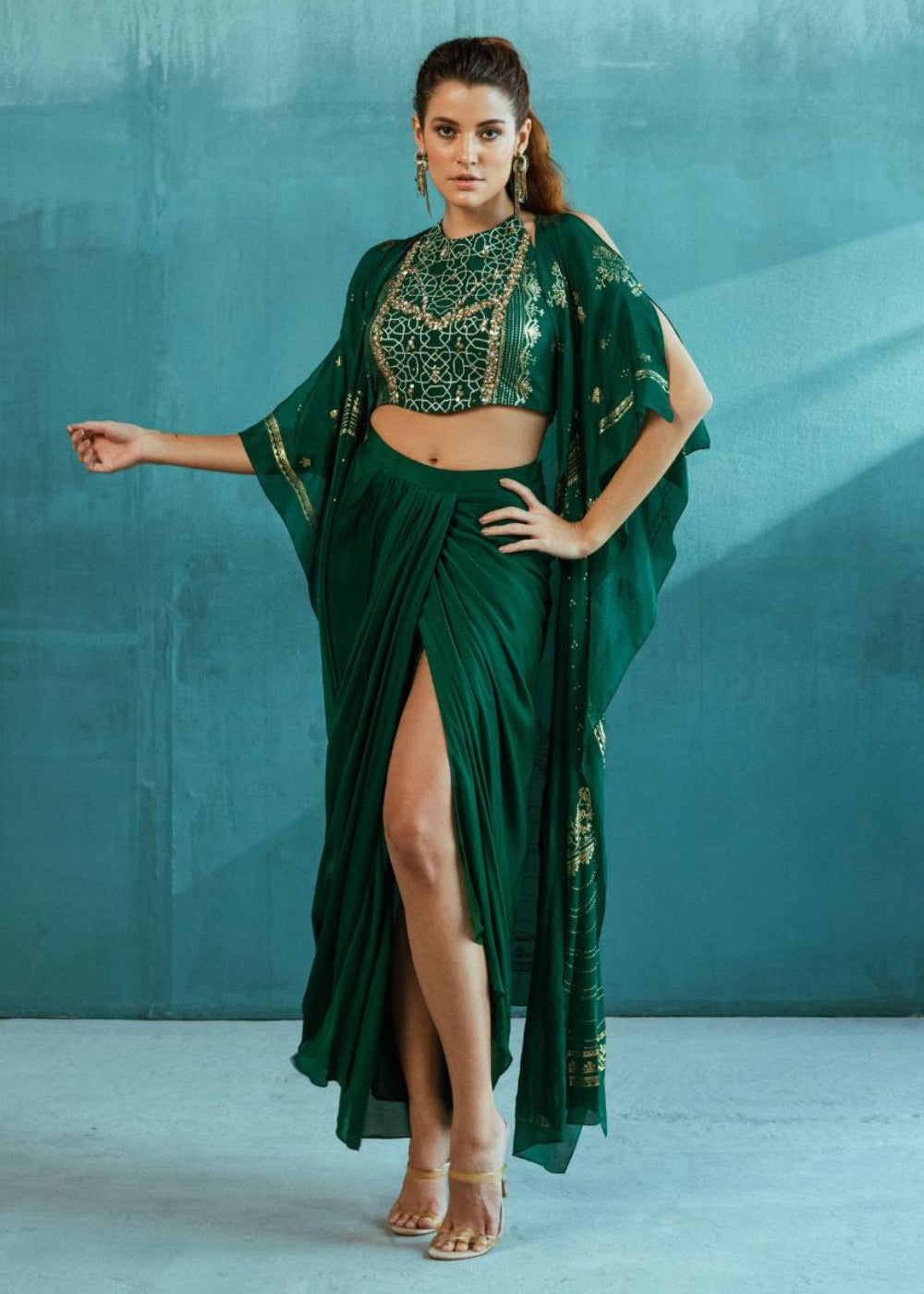 Emerald Green Cape With Blouse And Skirt
