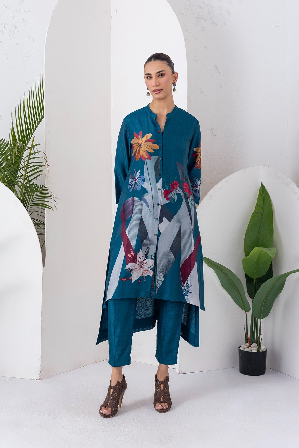Indigo Silk Chanderi Printed High-Low Dress Set (3 PCS)