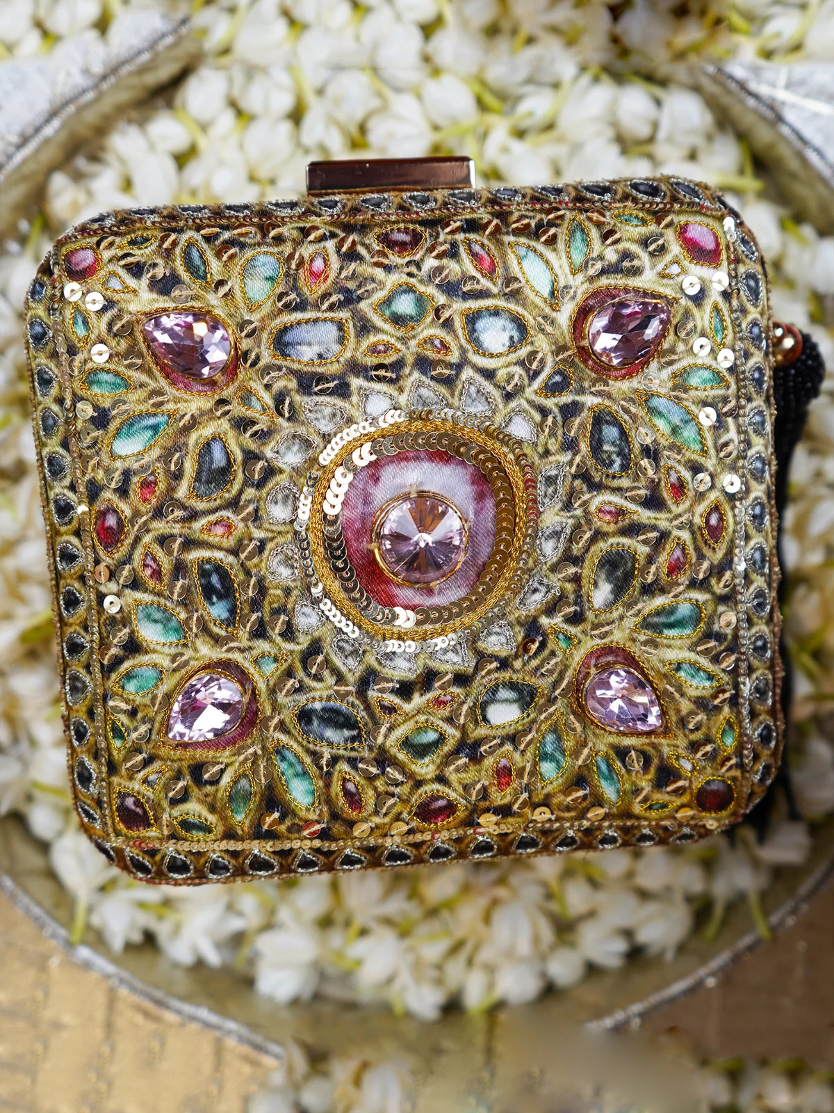 Multicolour Printed Embroidered Square Clutch Bag with Jewel Motifs and Black Tassel
