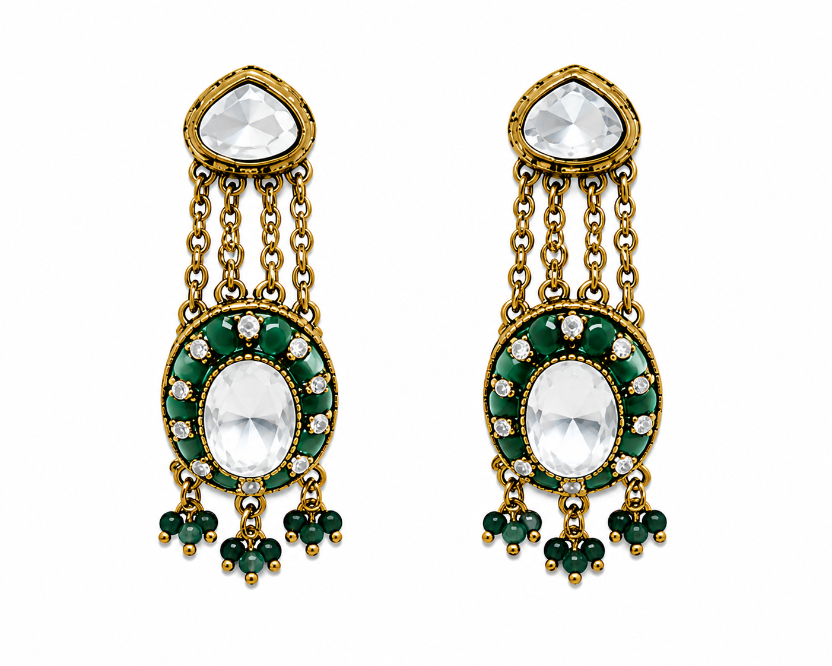 Emerald Kundan Layered Necklace Set with Drop Earring