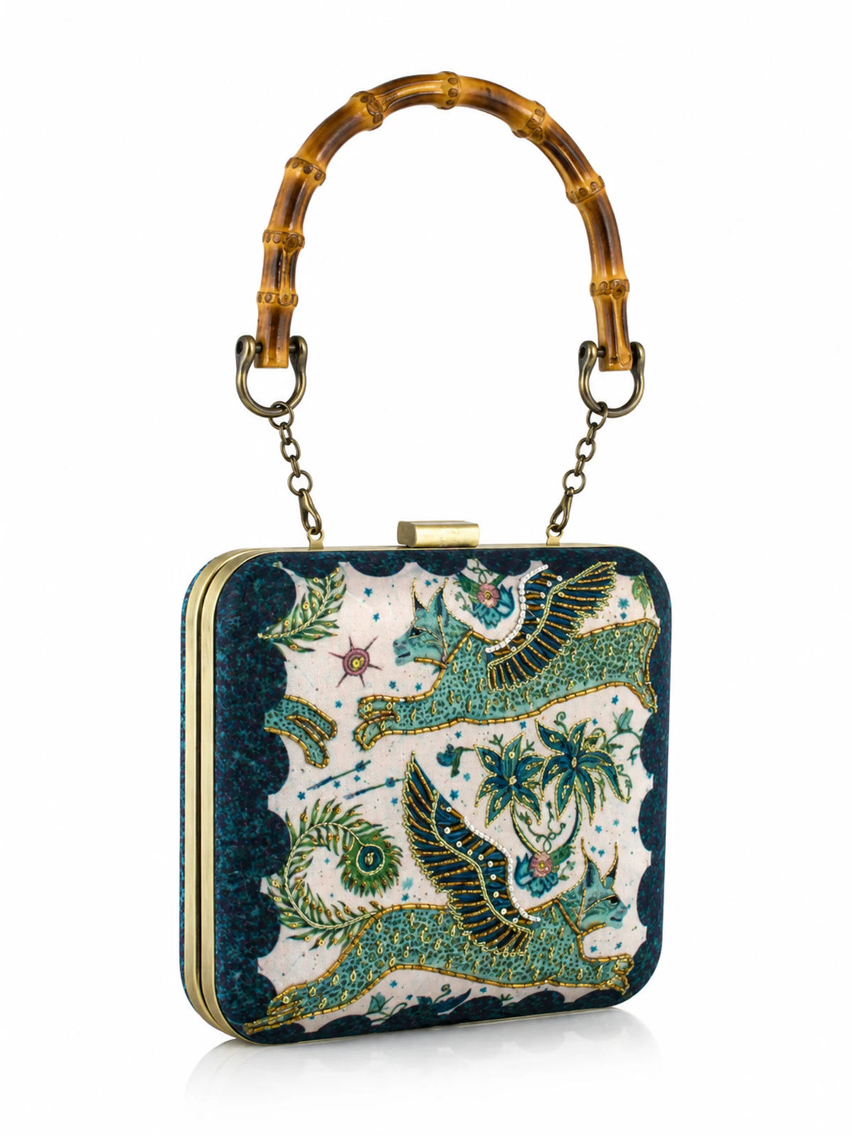 Mythical Bird Print Clutch Bag with Embroidery & Bamboo Handle