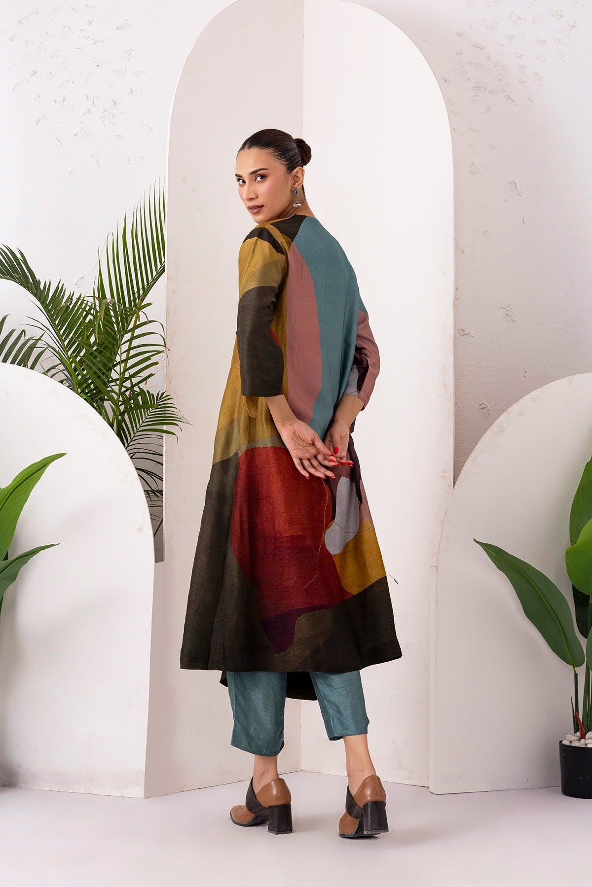 Multicoloured Viscose Dupion Printed Dress Set (2 PCS)