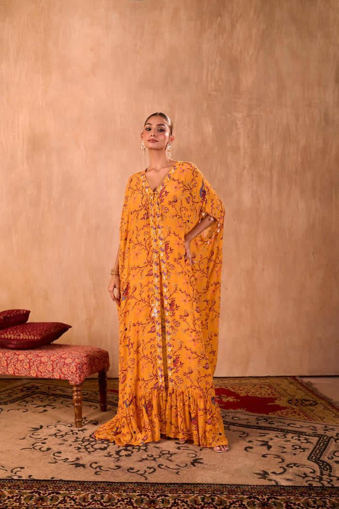 YELLOW PRINT EMBROIDERED LONG KAFTAN WITH PANTS SET - image 5